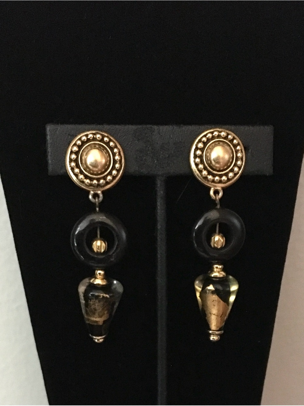 Vintage 90’s Black/Gold Artisan Art Glass Dangle Clip On Earrings